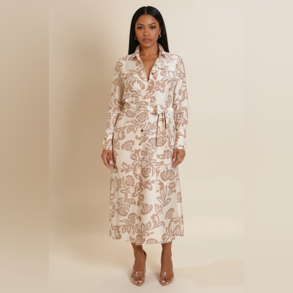 Elegant Floral Beige Dress - Picture 2 of 6